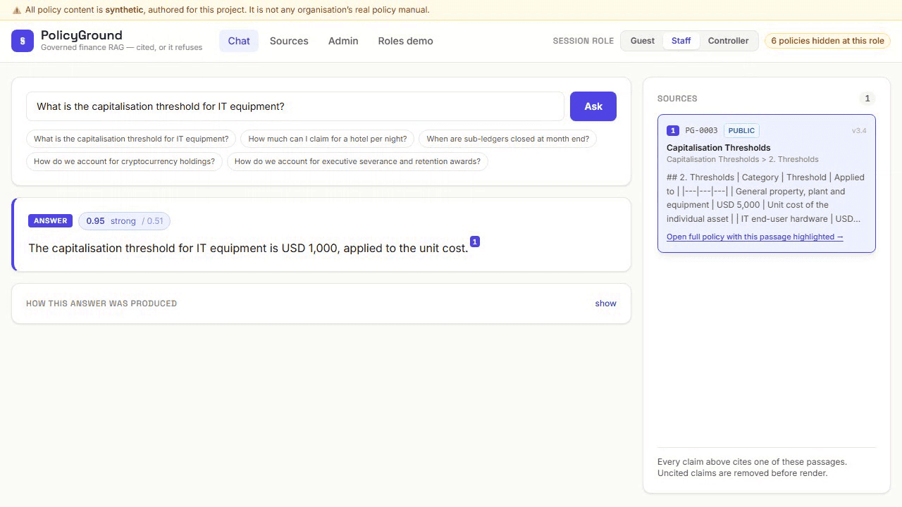 An answered question: each claim carries a numbered citation, with the cited passages shown in a sources panel alongside their sensitivity label and version.