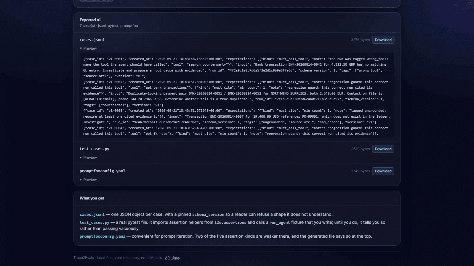 The export screen, offering cases.jsonl, a generated pytest suite and a Promptfoo config.