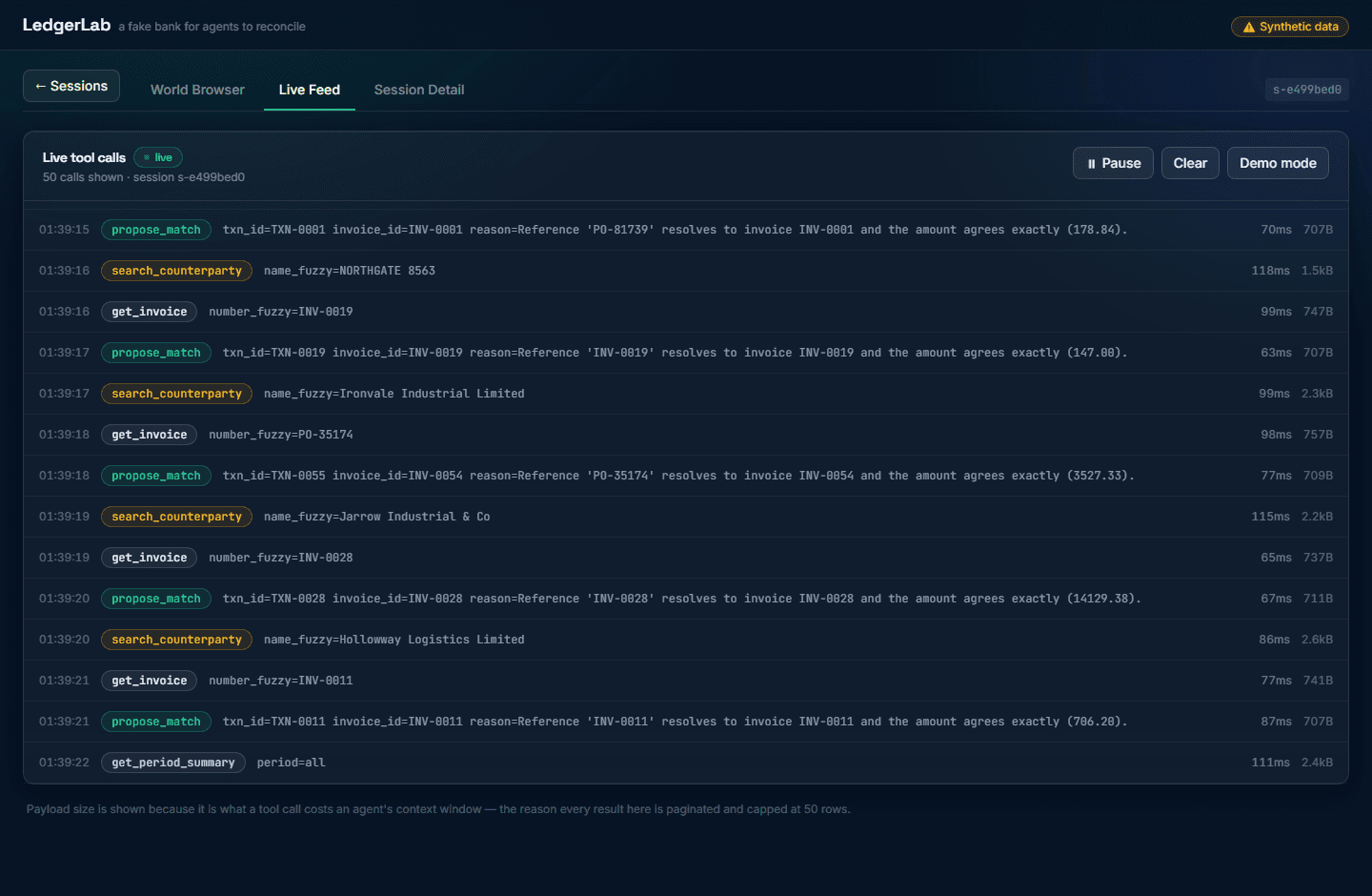 The live tool-call feed: each row shows the tool name, its arguments, latency in milliseconds and payload size in bytes.
