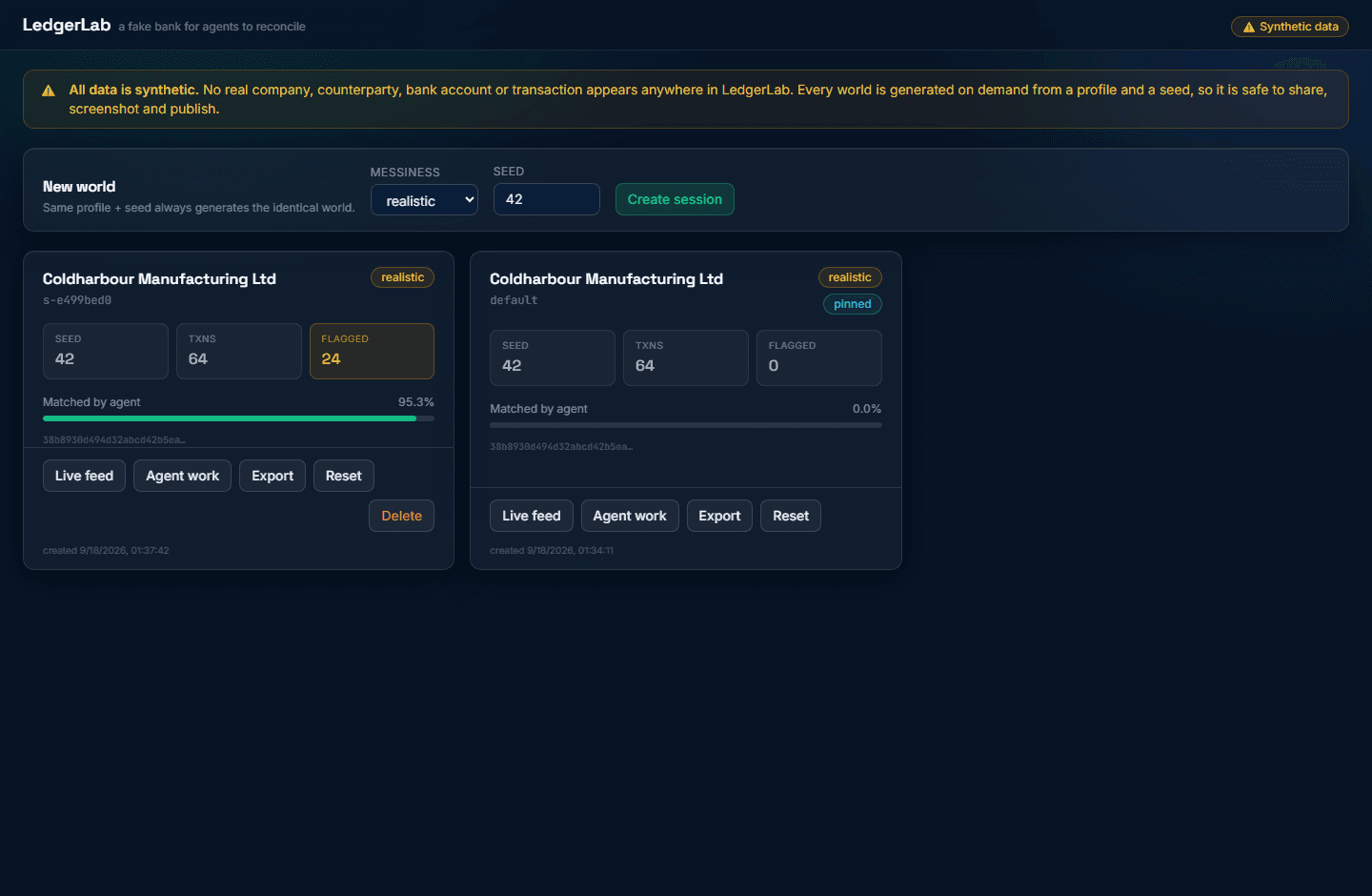The sessions screen: a card per world showing profile, seed, transaction count and the dataset hash.
